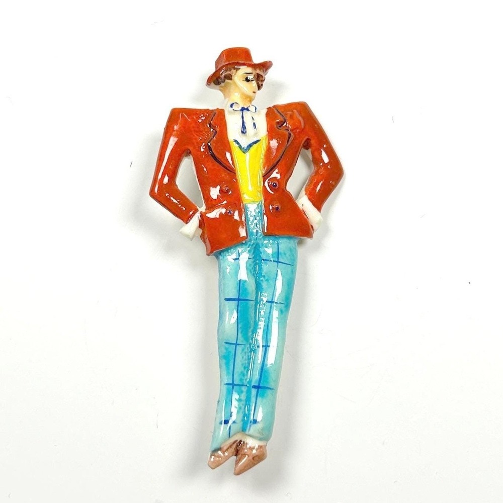 Dandy Man Novelty Brooch Vintage 1940s‎ Figural Celluloid Pin Red Blue Yellow
